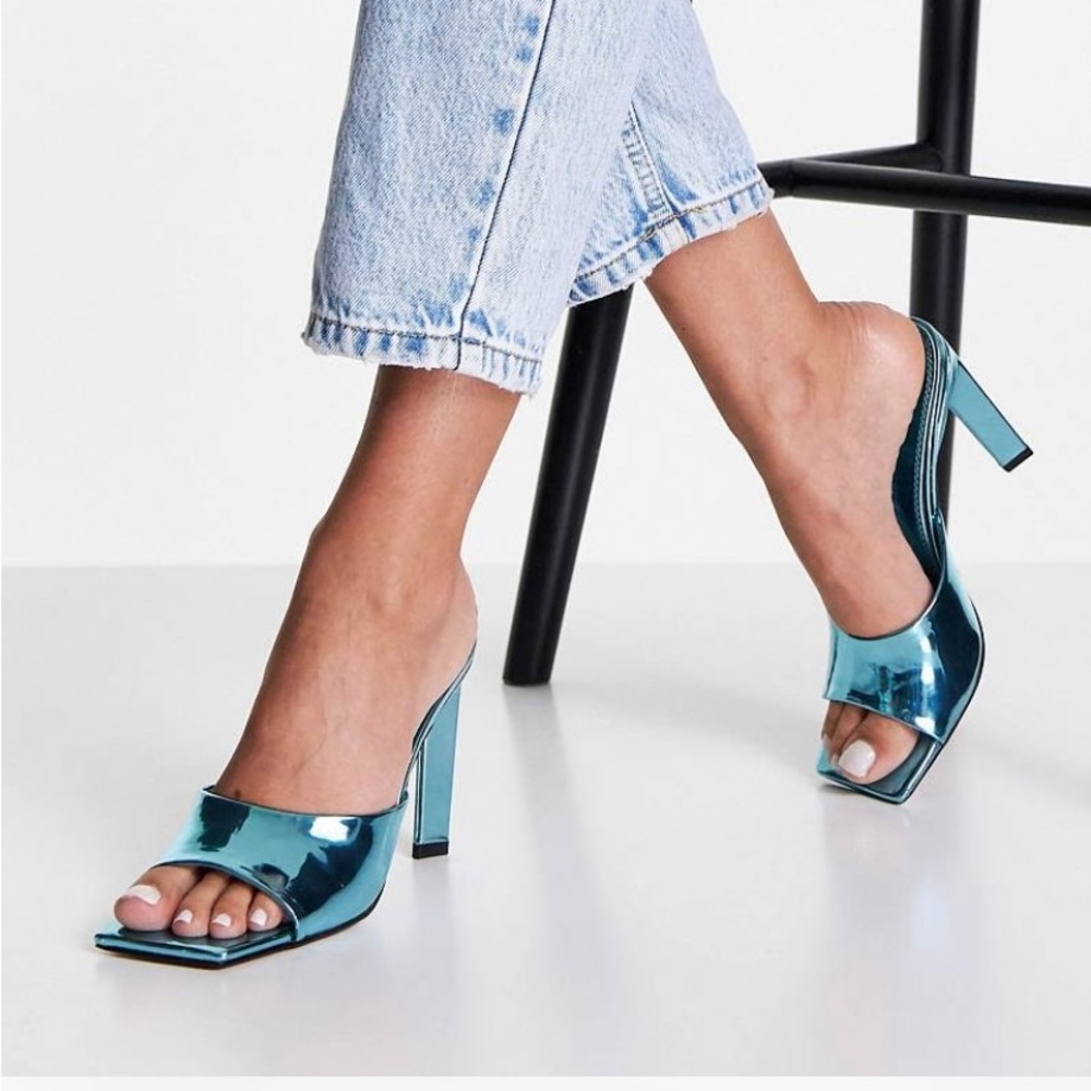 Blue Metallic Heeled Mules
